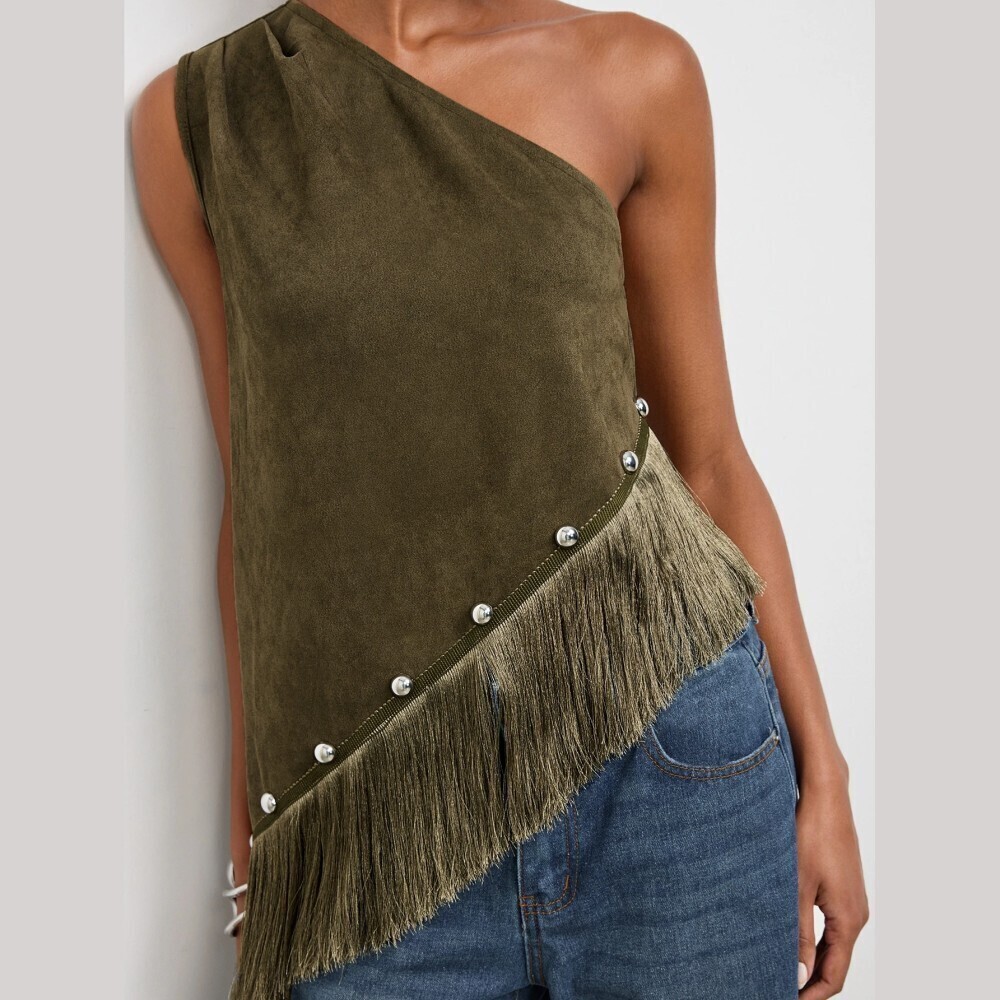 Olive Green Faux Suede Studded Fringe Asymmetrical Top - Picture 8 of 8